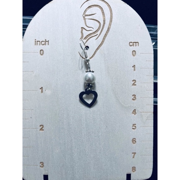 Earrings Heart Silver Tone White Bead Drop Hook Handmade Cottage Love Boho Chic - Picture 10 of 11